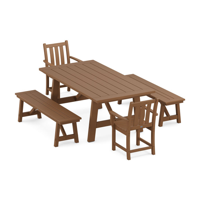 POLYWOOD Traditional Garden 5-Piece Rustic Farmhouse Dining Set With Benches