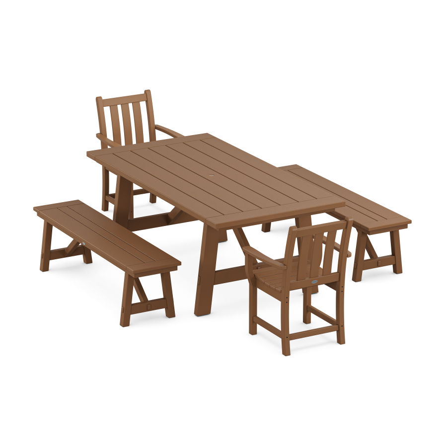 POLYWOOD Traditional Garden 5-Piece Rustic Farmhouse Dining Set With Trestle Legs in Teak