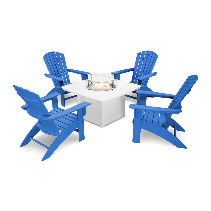 POLYWOOD Nautical Curveback Adirondack 5-Piece Conversation Set with Fire Pit Table in Pacific Blue / White