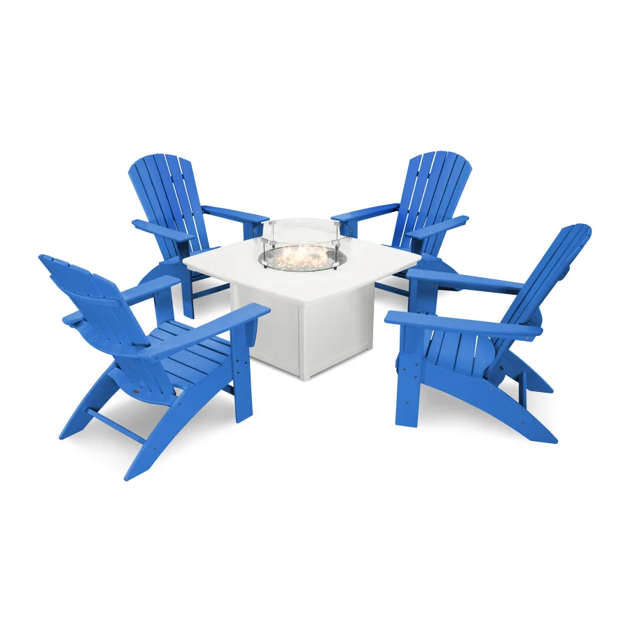 POLYWOOD Nautical Curveback Adirondack 5-Piece Conversation Set with Fire Pit Table in Pacific Blue / White