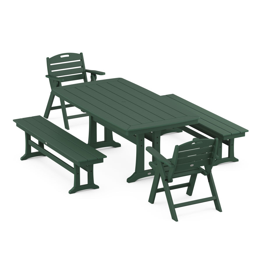 POLYWOOD Nautical Folding Lowback Chair 5-Piece Dining Set with Trestle Legs and Benches in Green