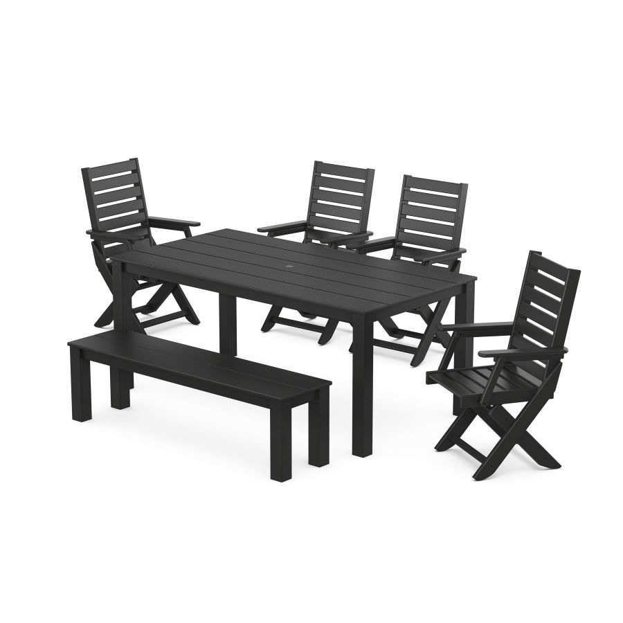 POLYWOOD Captain Folding Chair 6-Piece Parsons Dining Set with Bench in Black