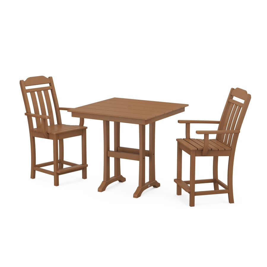 POLYWOOD Country Living 3-Piece Farmhouse Counter Set with Trestle Legs in Teak