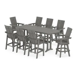 POLYWOOD Modern Curveback Adirondack Swivel 9-Piece Bar Set with Trestle Legs