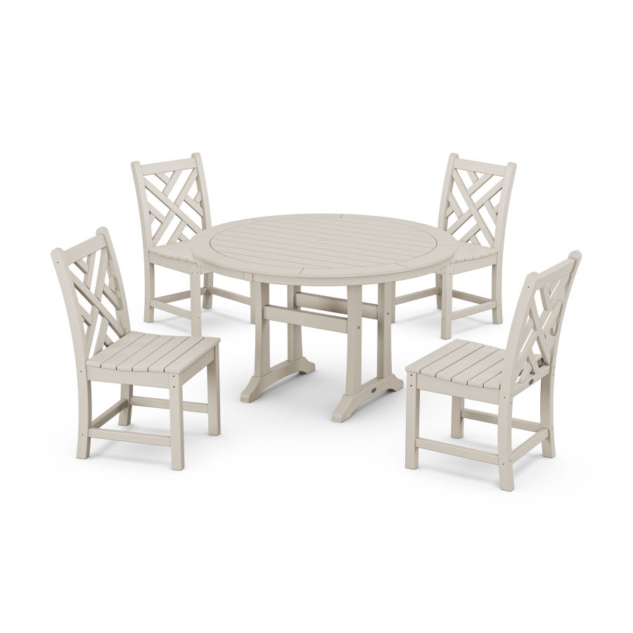POLYWOOD Chippendale Side Chair 5-Piece Round Dining Set With Trestle Legs in Sand
