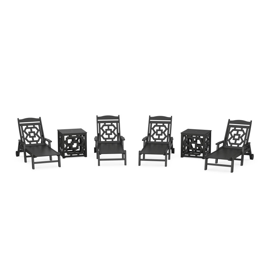 POLYWOOD Chinoiserie 6-Piece Chaise Set with Umbrella Stand Accent Table in Black