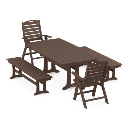 Nautical Folding Highback Chair 5-Piece Dining Set with Trestle Legs and Benches in Mahogany