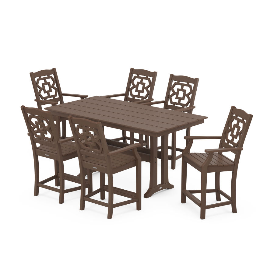 POLYWOOD Chinoiserie Arm Chair 7-Piece Farmhouse Counter Set with Trestle Legs in Mahogany
