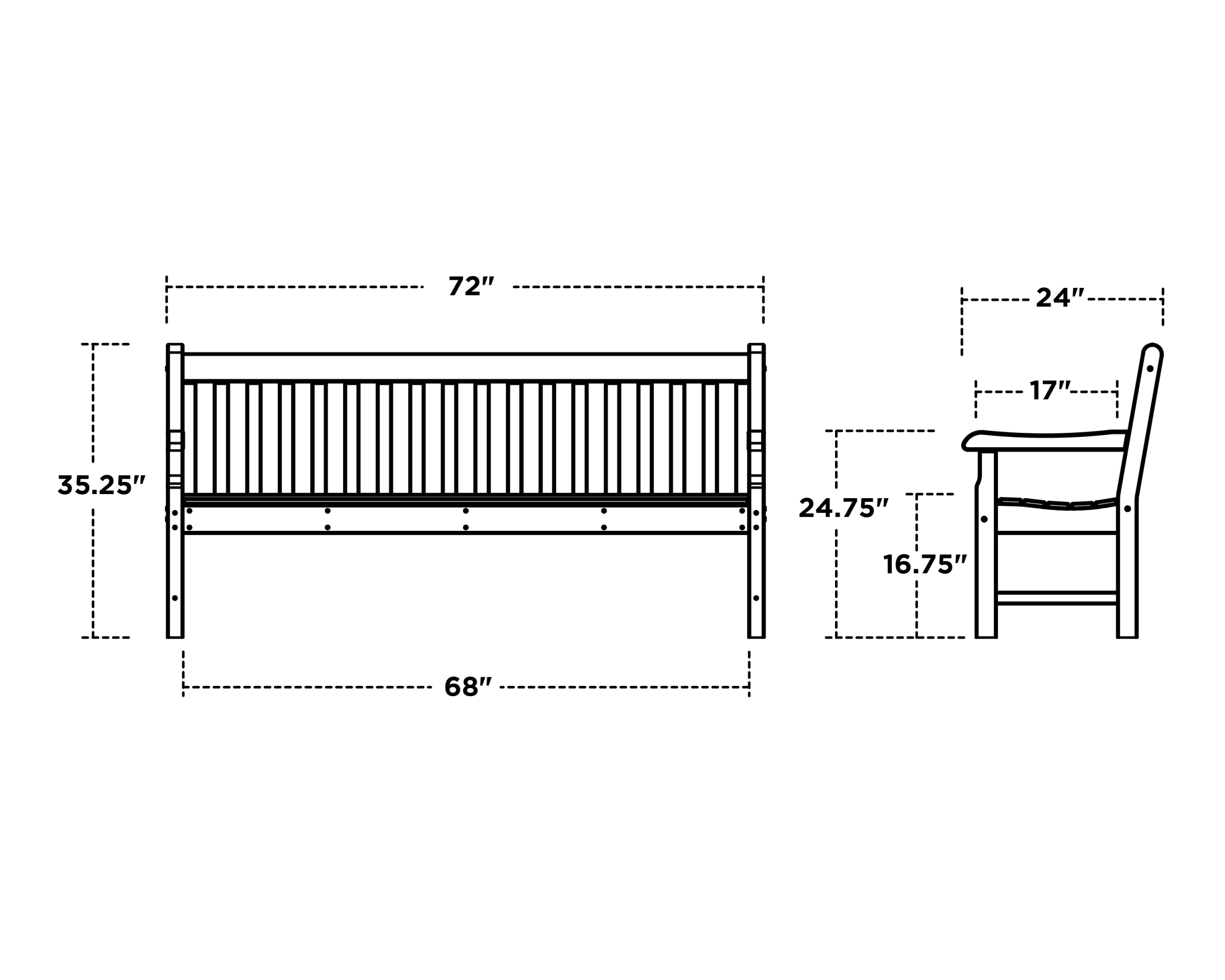 Dimensions for Rockford 72" Bench