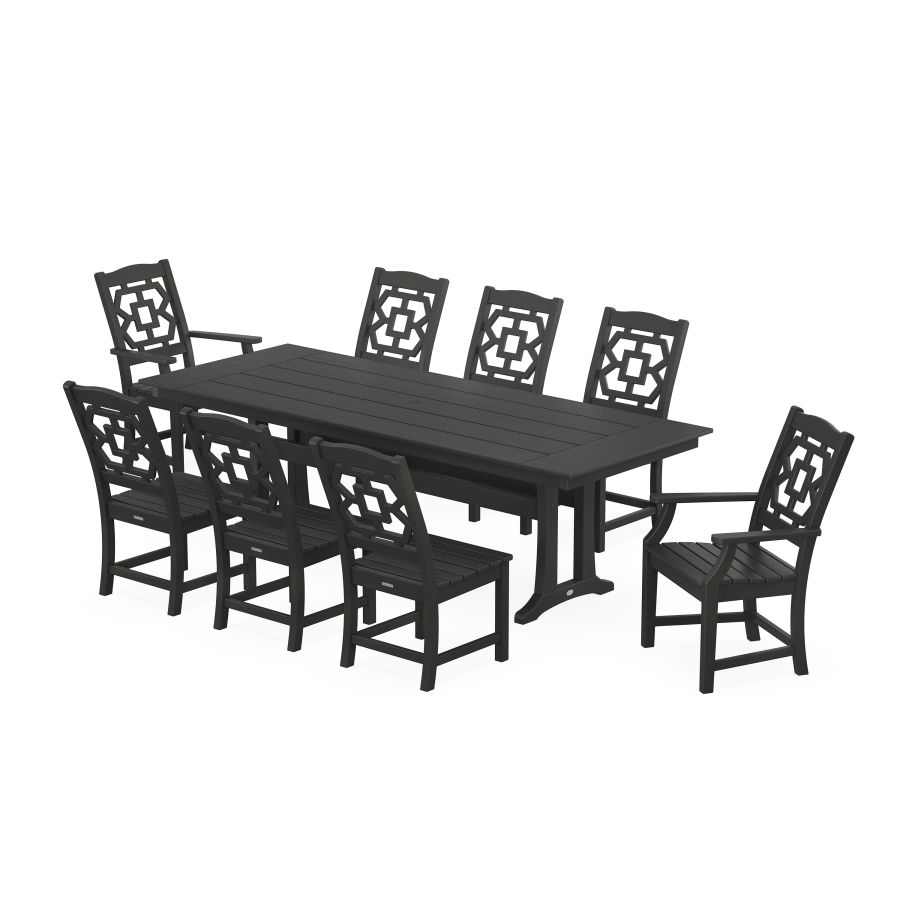 POLYWOOD Chinoiserie 9-Piece Farmhouse Dining Set with Trestle Legs in Black