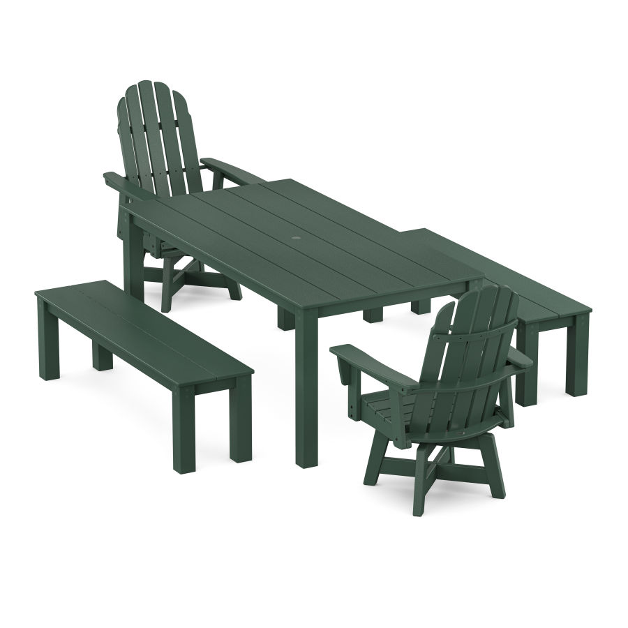 POLYWOOD Vineyard Curveback Adirondack 5-Piece Parsons Swivel Dining Set with Benches in Green