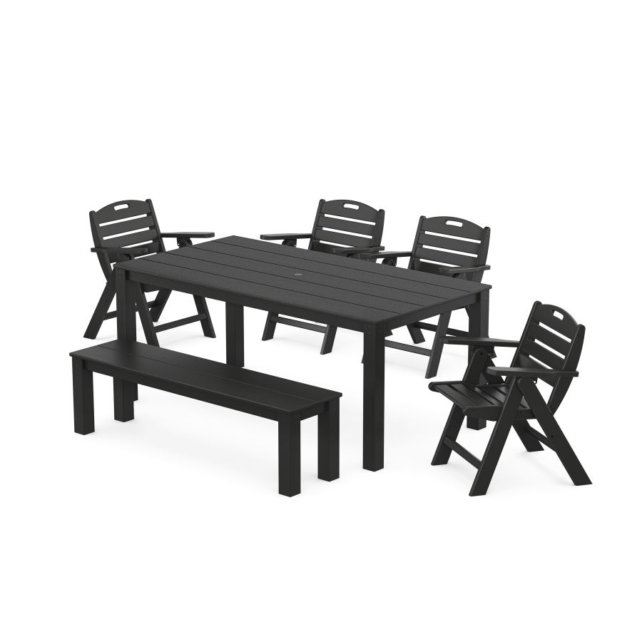 POLYWOOD Nautical Folding Lowback Chair 6-Piece Parsons Dining Set with Bench in Black