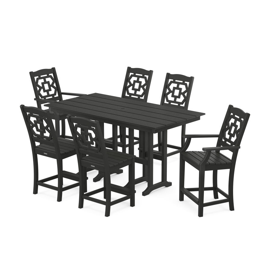 POLYWOOD Chinoiserie 7-Piece Farmhouse Counter Set in Black