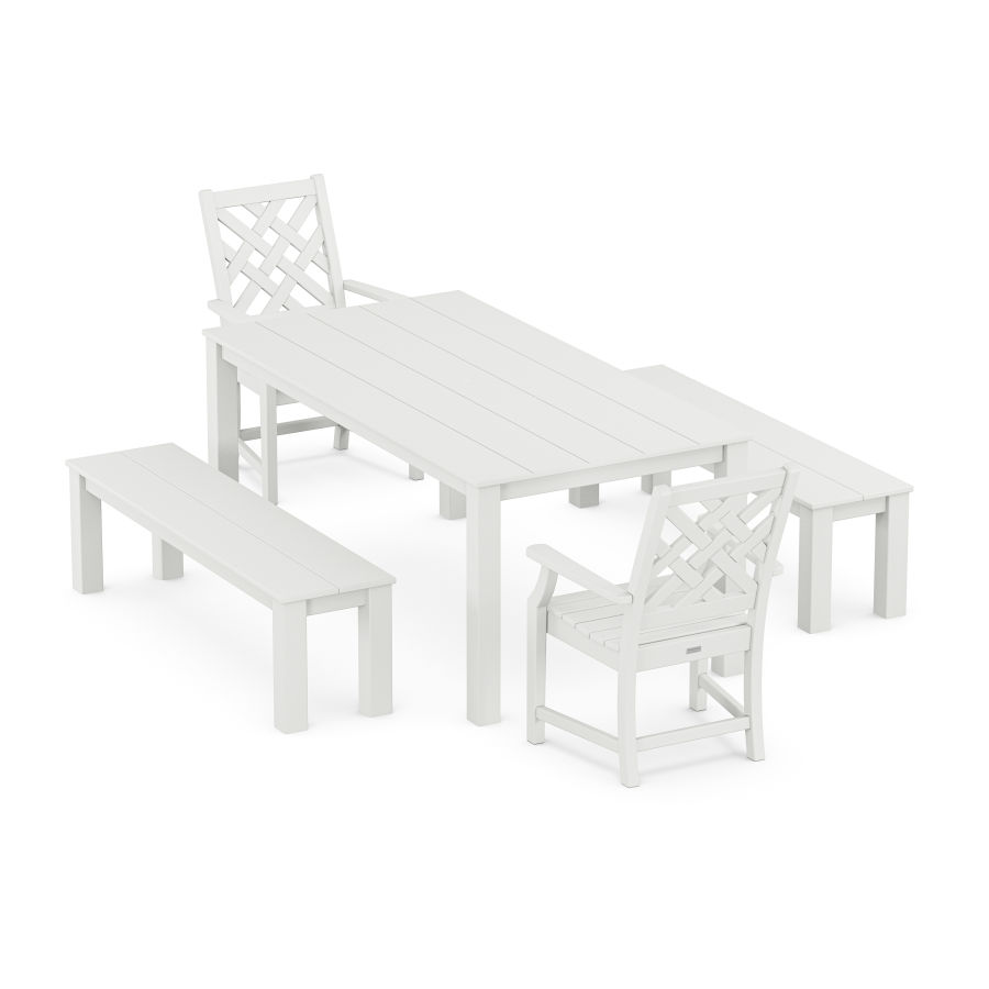 POLYWOOD Wovendale 5-Piece Parsons Dining Set with Benches in White