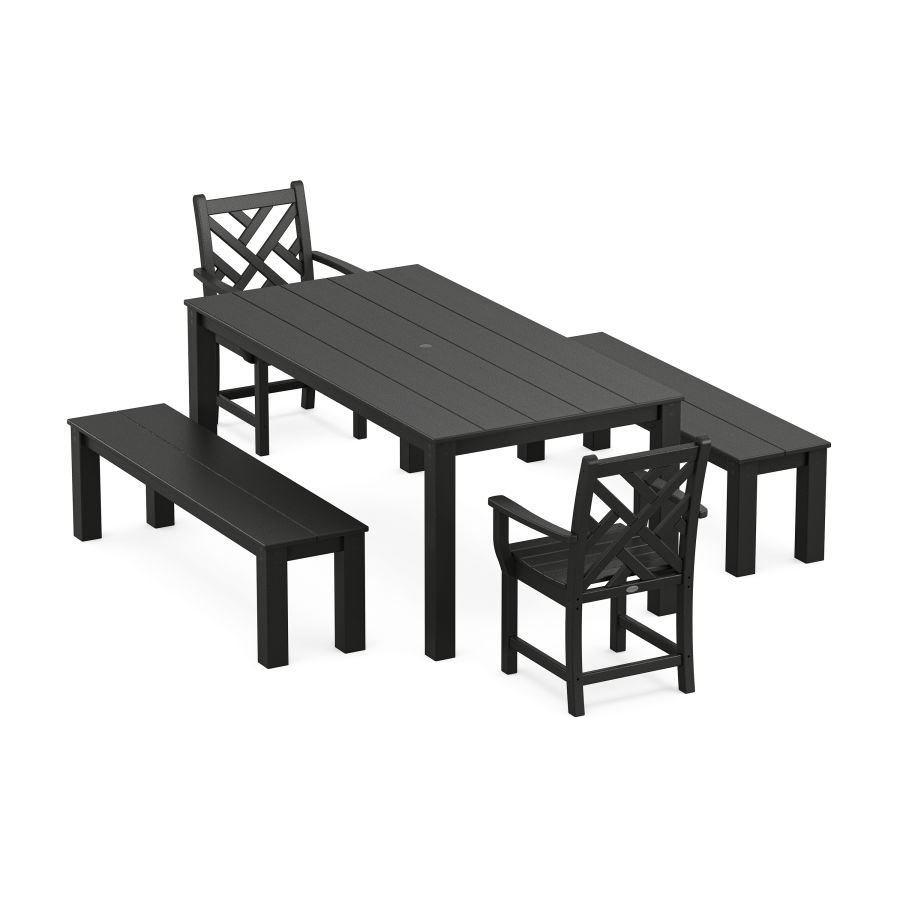 POLYWOOD Chippendale 5-Piece Parsons Dining Set with Benches in Black