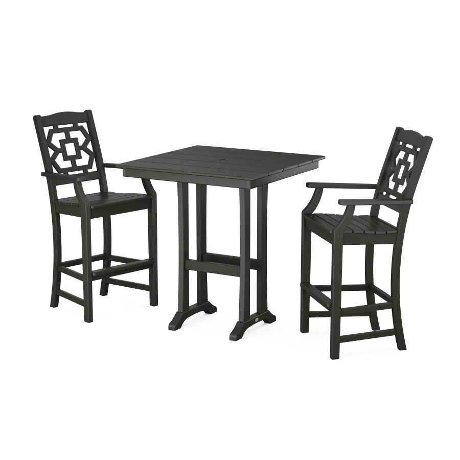 POLYWOOD Chinoiserie 3-Piece Farmhouse Bar Set with Trestle Legs in Black