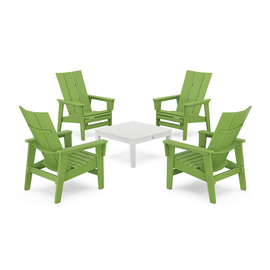 POLYWOOD 5-Piece Modern Grand Upright Adirondack Chair Conversation Group in Lime / White
