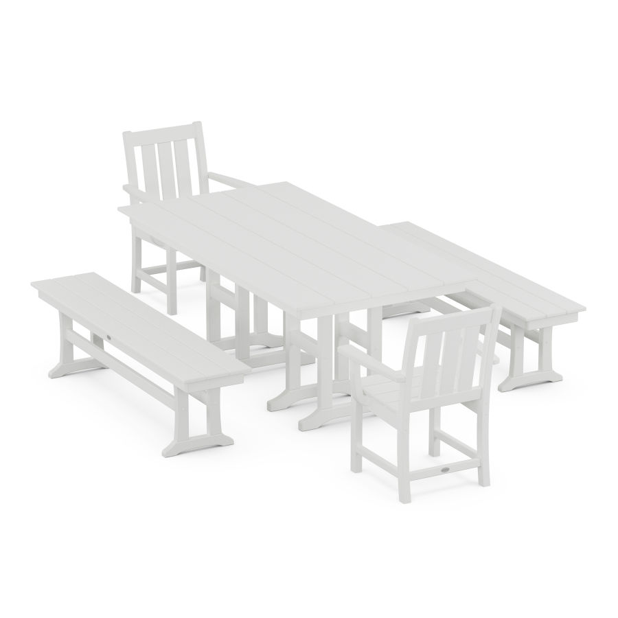 POLYWOOD Oxford 5-Piece Farmhouse Dining Set with Benches in White