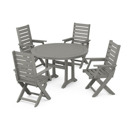 POLYWOOD Captain Folding Chair 5-Piece Round Dining Set with Trestle Legs in Slate Grey