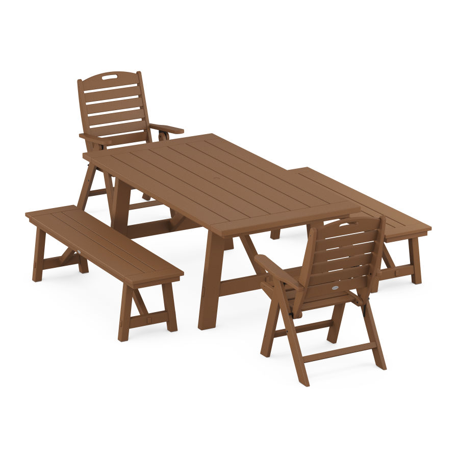 POLYWOOD Nautical Folding Highback Chair 5-Piece Rustic Farmhouse Dining Set With Benches in Teak