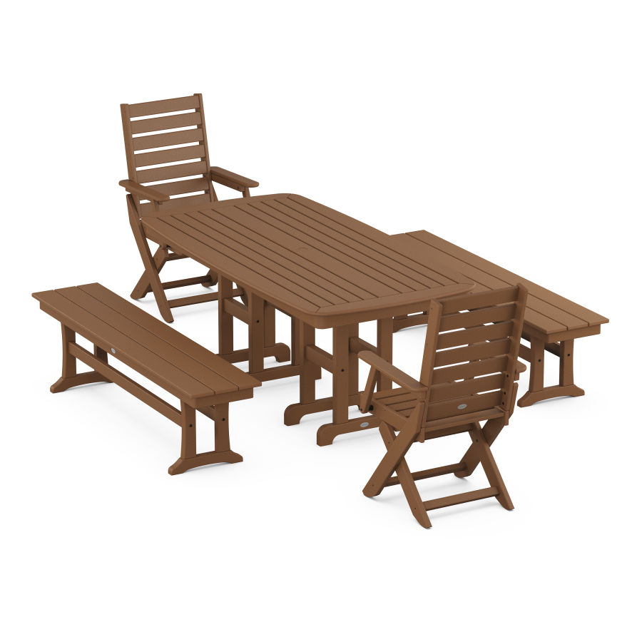 POLYWOOD Captain Folding Chair 5-Piece Dining Set with Benches in Teak
