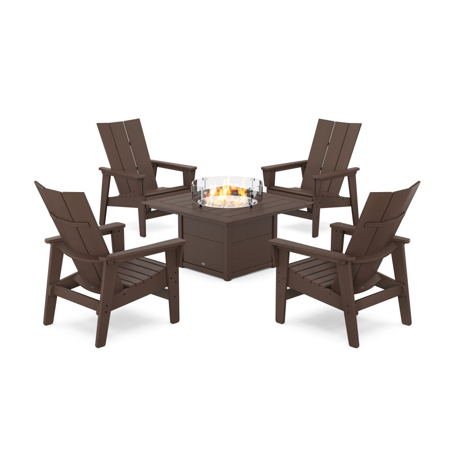 POLYWOOD 5-Piece Modern Grand Upright Adirondack Conversation Set with Fire Pit Table in Mahogany