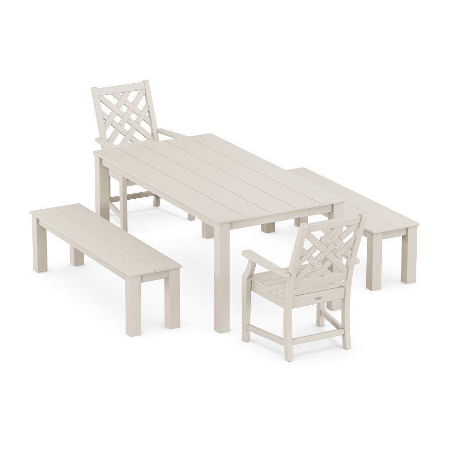 POLYWOOD Wovendale 5-Piece Parsons Dining Set with Benches in Sand