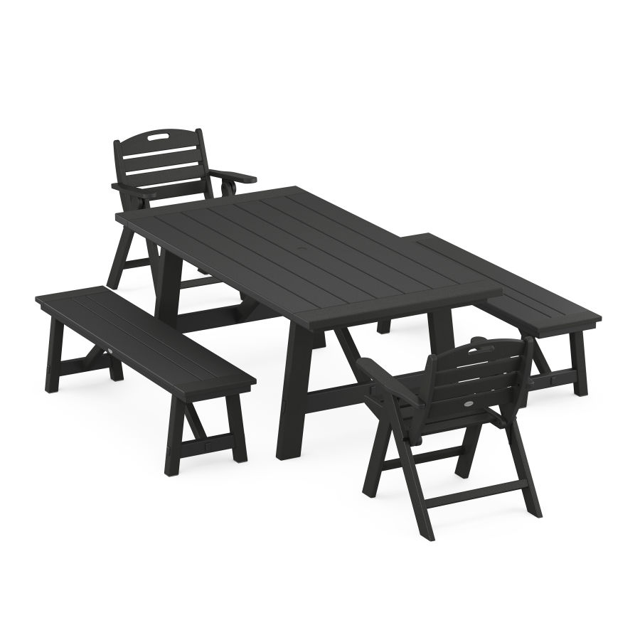 POLYWOOD Nautical Folding Lowback Chair 5-Piece Rustic Farmhouse Dining Set With Benches in Black