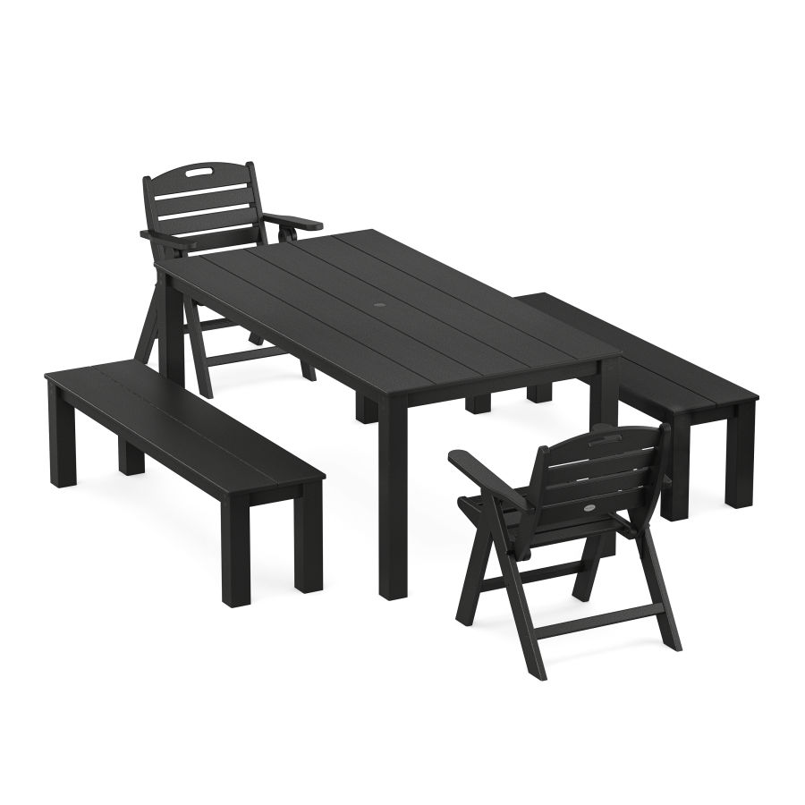 POLYWOOD Nautical Folding Lowback Chair 5-Piece Parsons Dining Set with Benches in Black