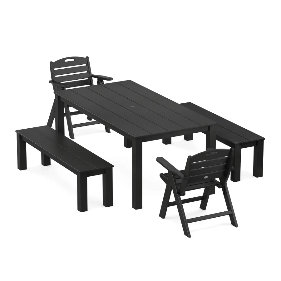 POLYWOOD Nautical Folding Lowback Chair 5-Piece Parsons Dining Set with Benches in Black