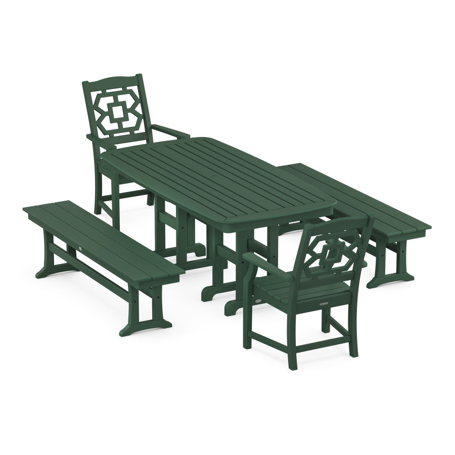 POLYWOOD Chinoiserie 5-Piece Dining Set with Benches in Green