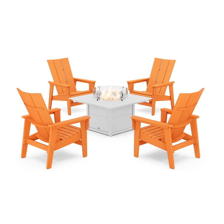 POLYWOOD 5-Piece Modern Grand Upright Adirondack Conversation Set with Fire Pit Table in Tangerine / White