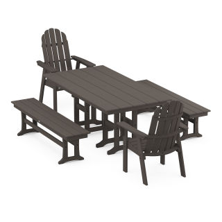 Vineyard Curveback Adirondack 5-Piece Farmhouse Dining Set with Benches in Vintage Finish