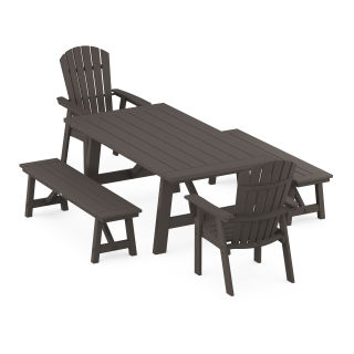 POLYWOOD Nautical Curveback Adirondack 5-Piece Rustic Farmhouse Dining Set With Benches in Vintage Finish