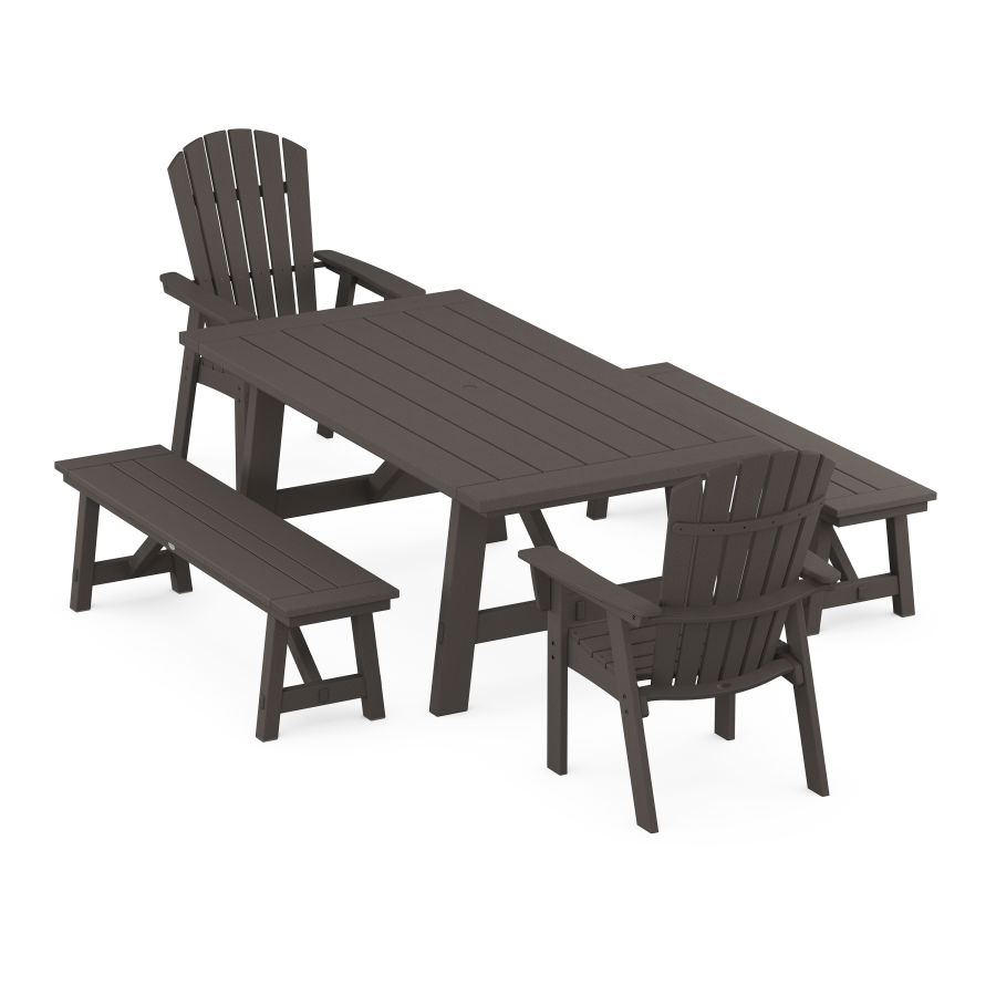POLYWOOD Nautical Adirondack 5-Piece Rustic Farmhouse Dining Set With Trestle Legs in Vintage Coffee