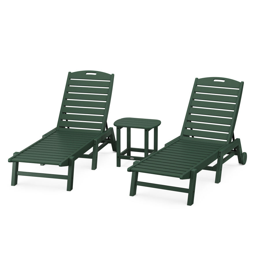 POLYWOOD Nautical 3-Piece Chaise Lounge with Wheels Set with South Beach 18" Side Table in Green