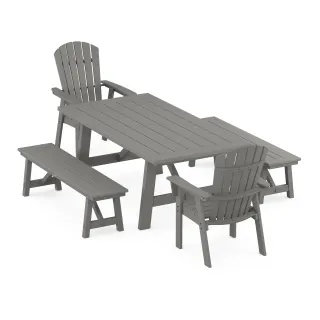 POLYWOOD Nautical Curveback Adirondack 5-Piece Rustic Farmhouse Dining Set With Benches