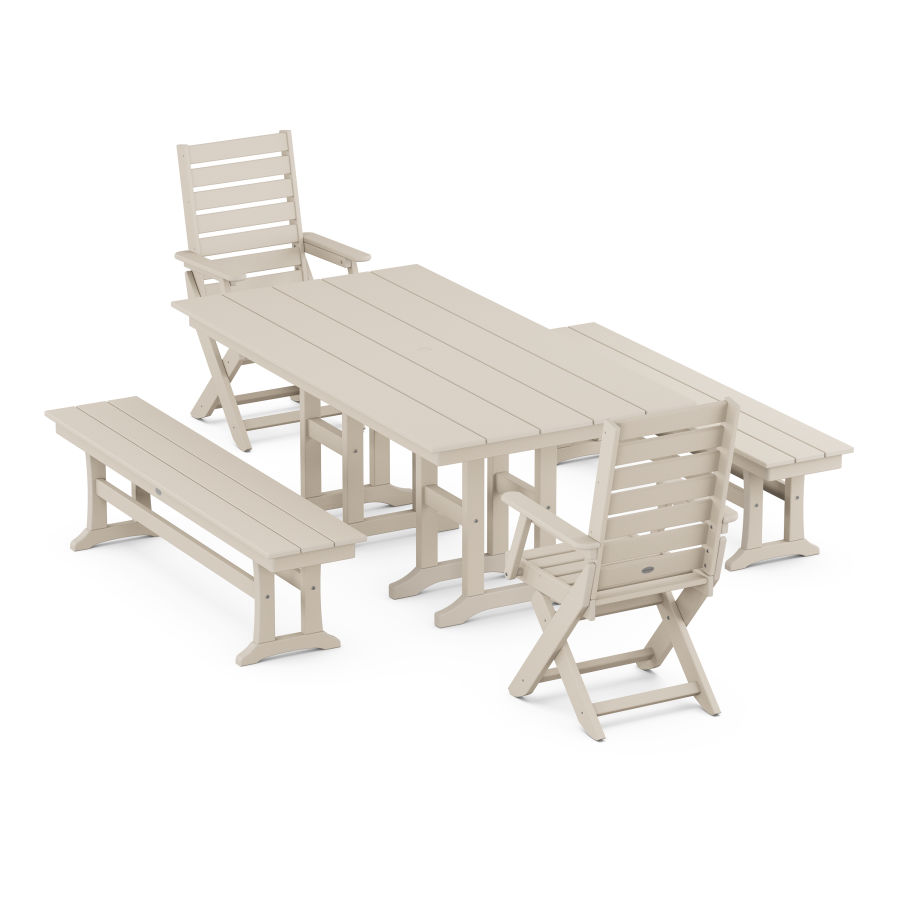 POLYWOOD Captain Folding Chair 5-Piece Farmhouse Dining Set with Benches in Sand