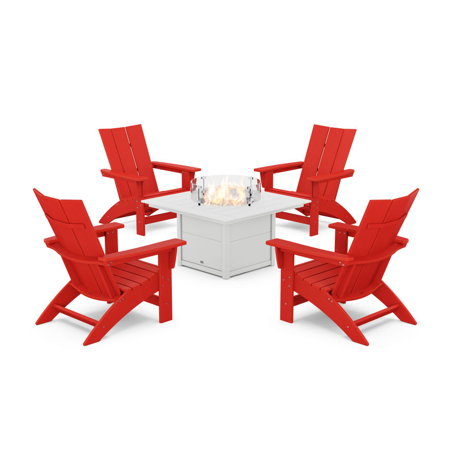 POLYWOOD 5-Piece Modern Grand Adirondack Conversation Set with Fire Pit Table in Sunset Red / White