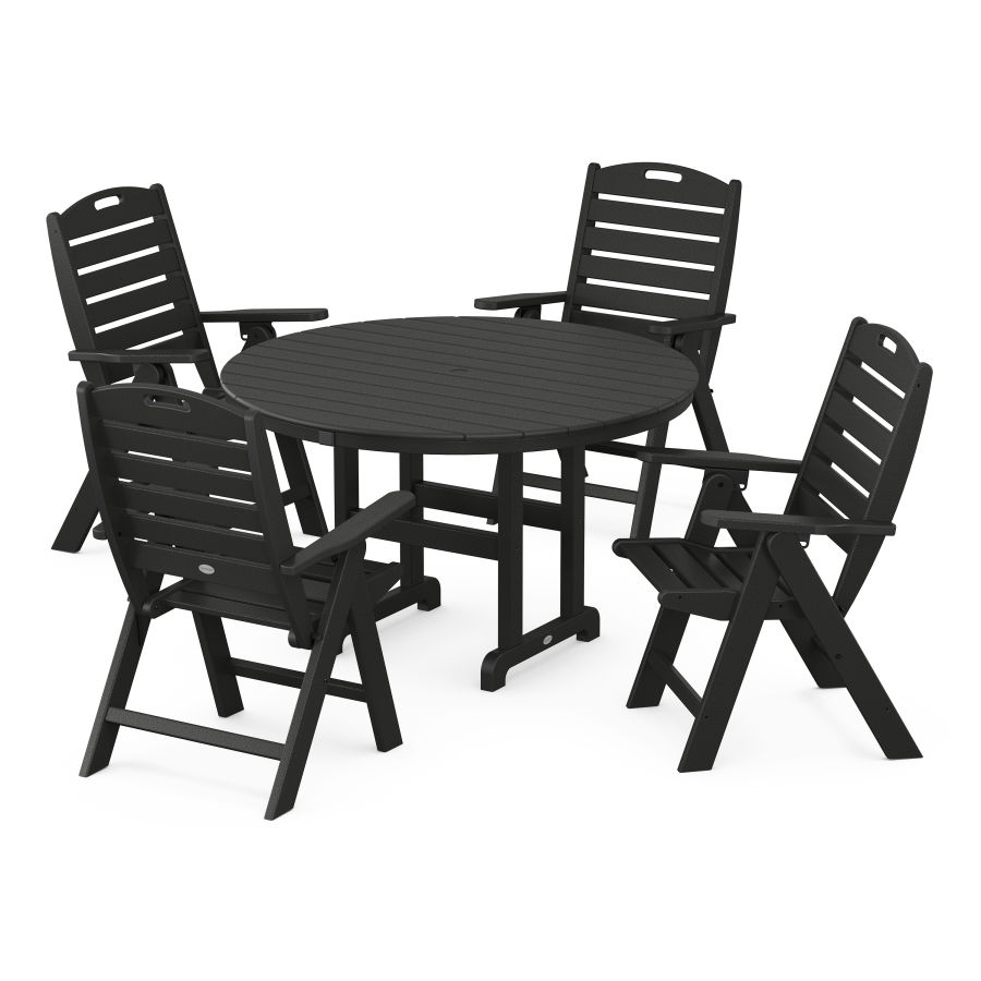 POLYWOOD Nautical Folding Chair 5-Piece Round Farmhouse Dining Set in Black
