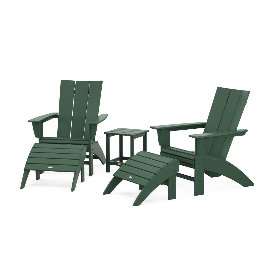 POLYWOOD Modern Curveback Adirondack Chair 5-Piece Set with Ottomans and 18" Side Table in Green