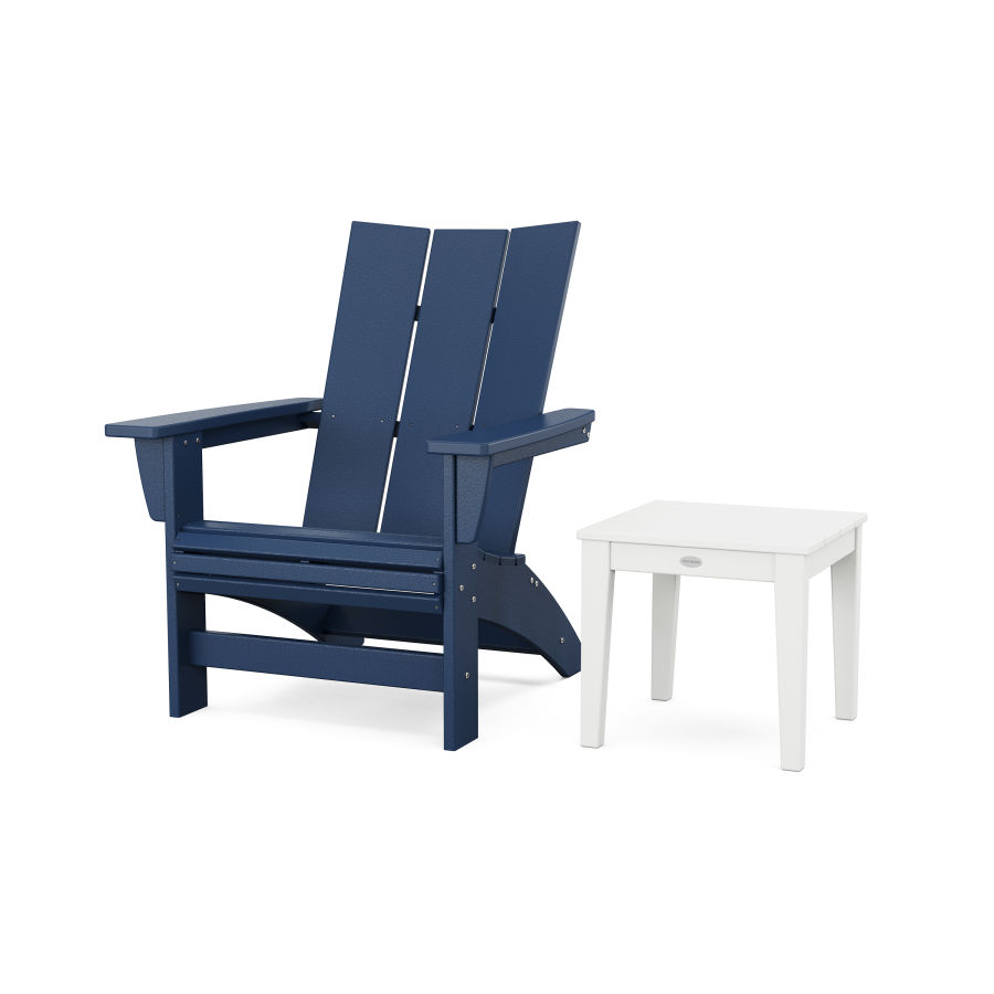 POLYWOOD Modern Grand Adirondack Chair with Side Table in Navy / White