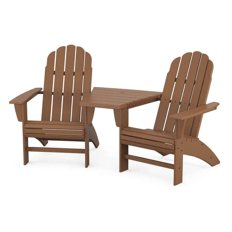 POLYWOOD Vineyard 3-Piece Curveback Adirondack Set with Angled Connecting Table in Teak