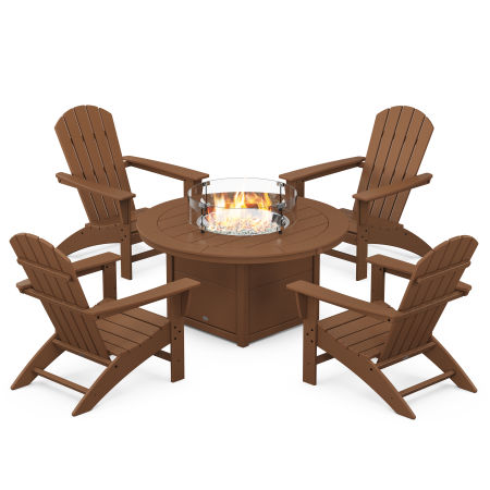 Nautical 5-Piece Adirondack Chair Conversation Set with Fire Pit Table in Teak