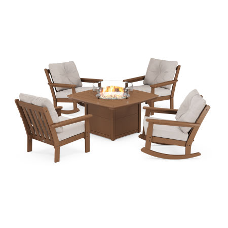 POLYWOOD Vineyard 5-Piece Deep Seating Rocking Chair Conversation Set with Fire Pit Table in Teak / Dune Burlap