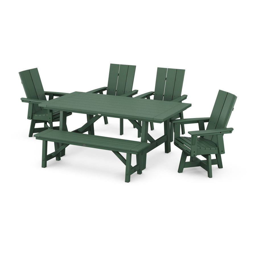 POLYWOOD Modern Curveback Adirondack 6-Piece Rustic Farmhouse Swivel Dining Set with Bench in Green