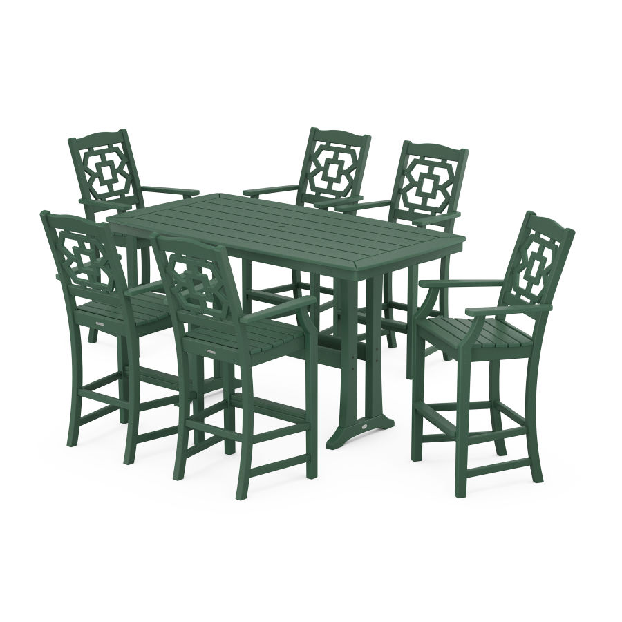 POLYWOOD Chinoiserie Arm Chair 7-Piece Bar Set with Trestle Legs in Green