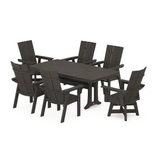 POLYWOOD Modern Adirondack Swivel Chair 7-Piece Dining Set with Trestle Legs in Vintage Finish