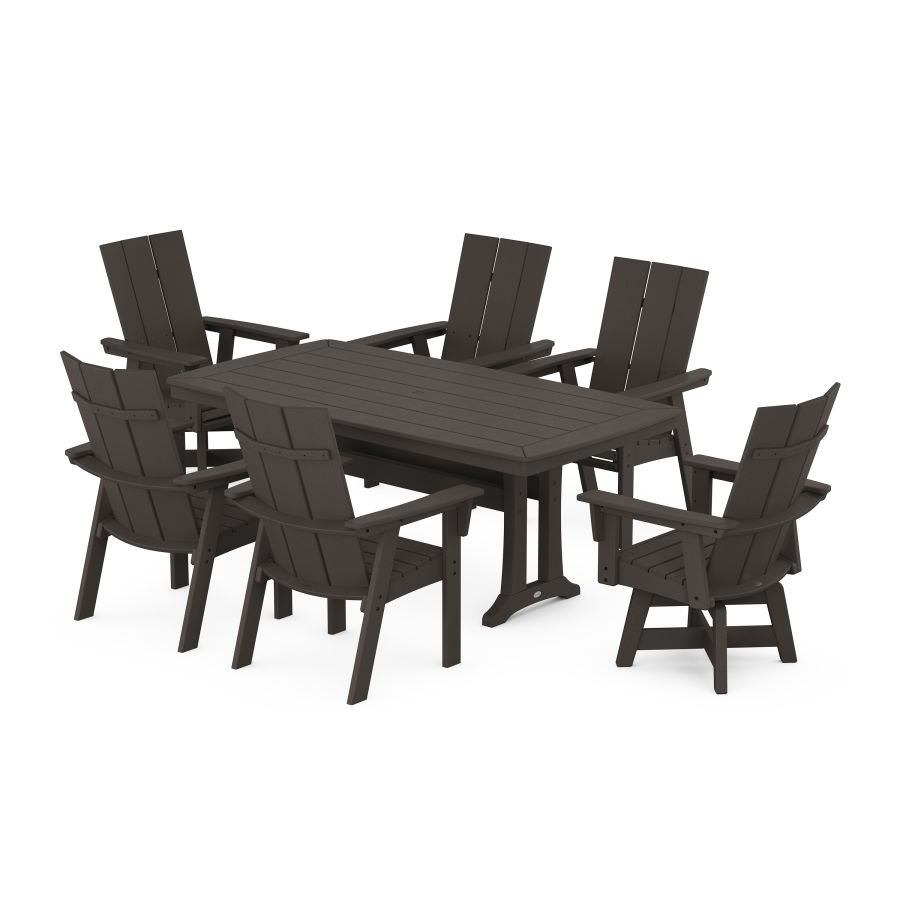 POLYWOOD Modern Adirondack Swivel Chair 7-Piece Dining Set with Trestle Legs in Vintage Coffee