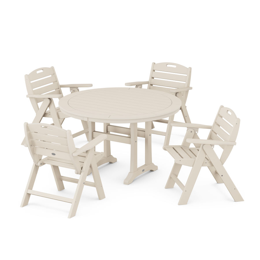 POLYWOOD Nautical Folding Lowback Chair 5-Piece Round Dining Set With Trestle Legs in Sand